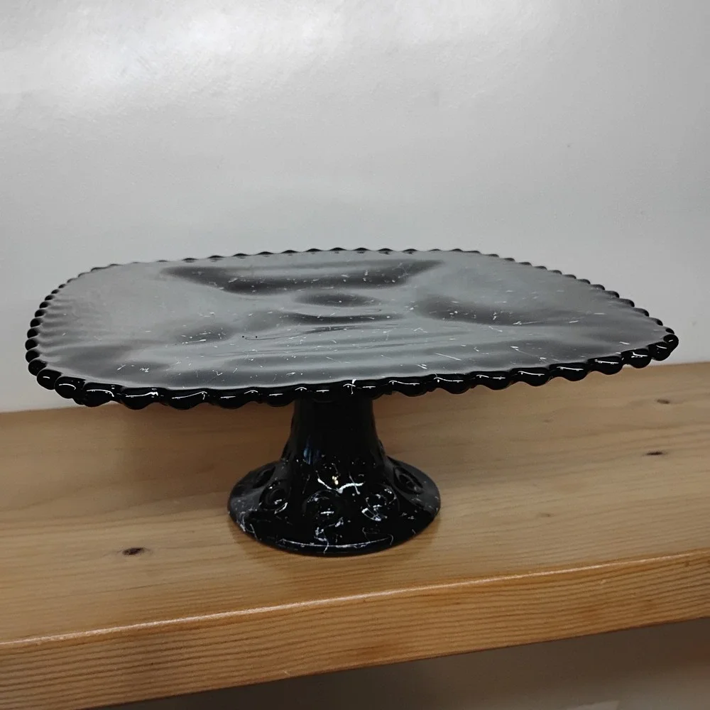 Vintage L E Smith Black Amethyst Glass Square Cake Stand Pedestal‎ White Drizzle
